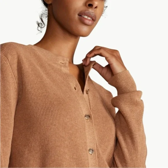 NWT Amour Vert Lily Rib-Knit Cropped Cardigan Sweater | Sz Medium | Camel Tan - Picture 9 of 13